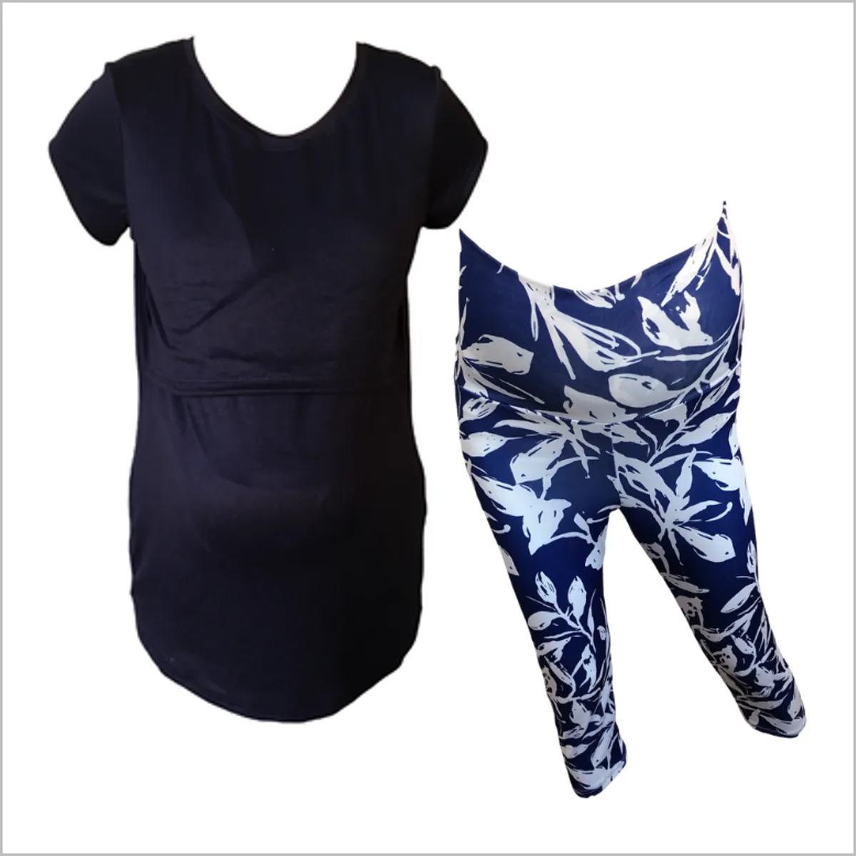Maternity & Nursing T-Shirt with Capri leggings - Navy & Blue/White Leaves