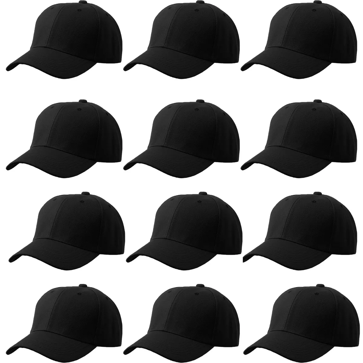 Classic Plain Six Panel Caps for Men and Women - Adjustable Hats - 12 Pack - Black