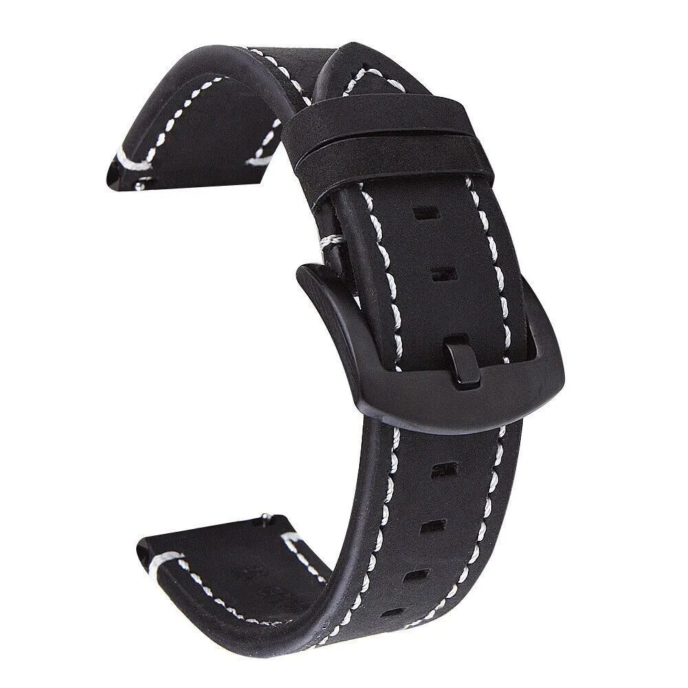 Replacement Leather Watch Strap For Fossil / Garmin / Huawei - 22mm - Black