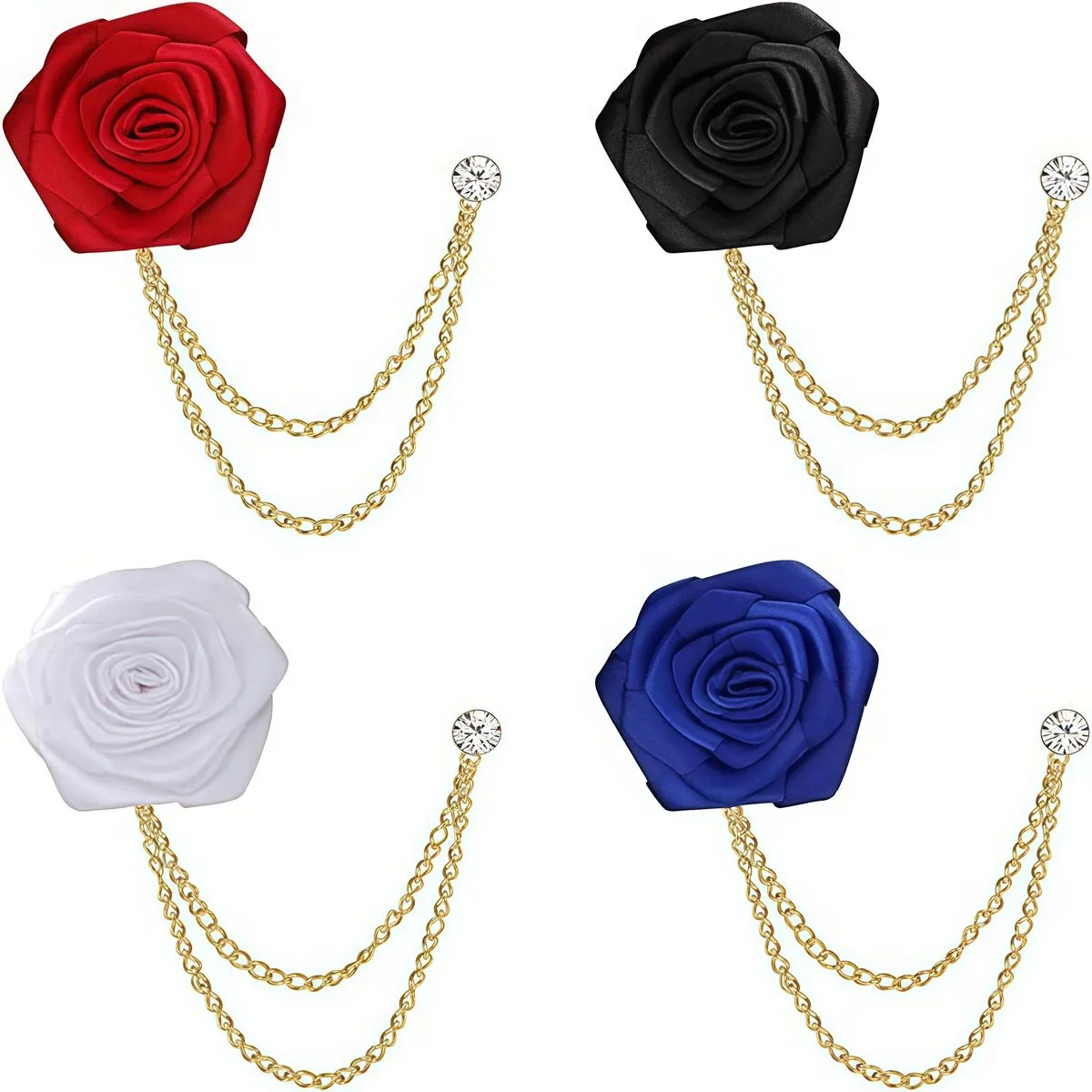 Rose Flower Tassel Hanging Chain Brooch Lapel Pin - 4 Piece