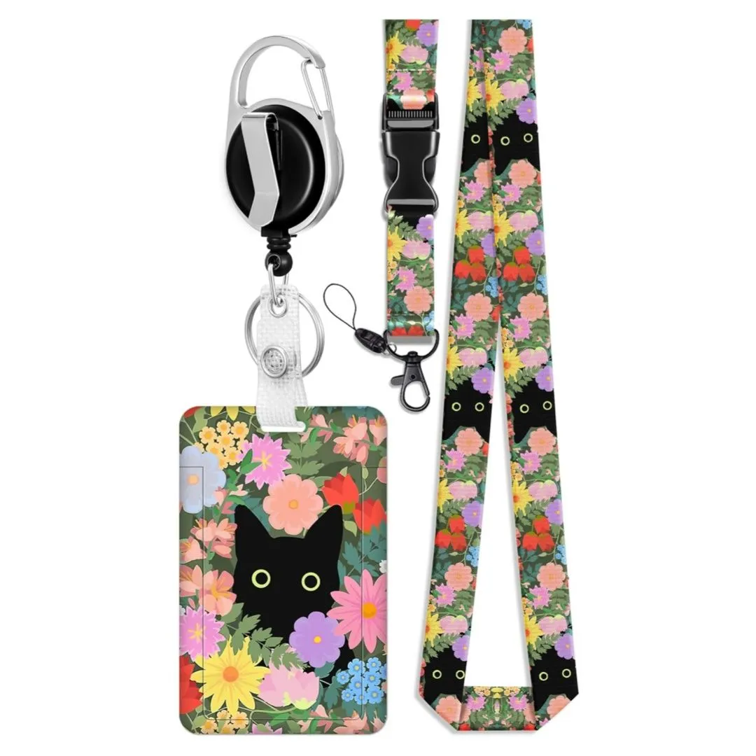 Black Cat Floral Badge Lanyard With Id Holder & Retractable Reel