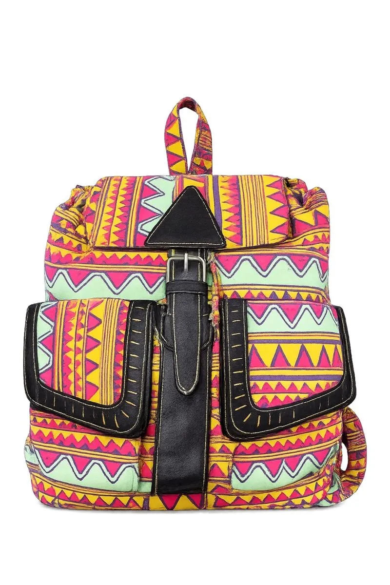Tribal Print Drawstring Rucksack with Multiple Pockets