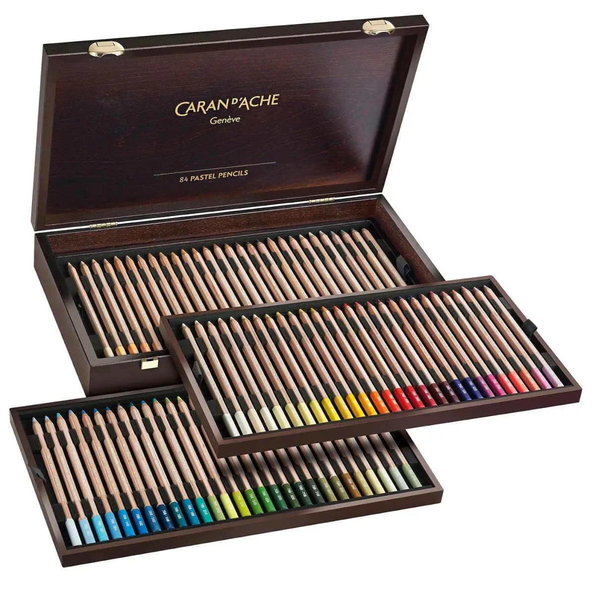 Caran D'Ache Pastel coloured pencils, 84 pencils in a wooden box set
