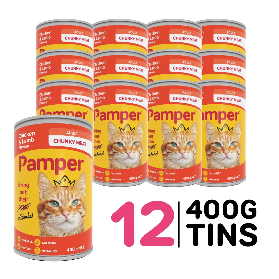 Pamper Wet Cat Food Cans (12 x400g) Chicken and Lamb Flavour