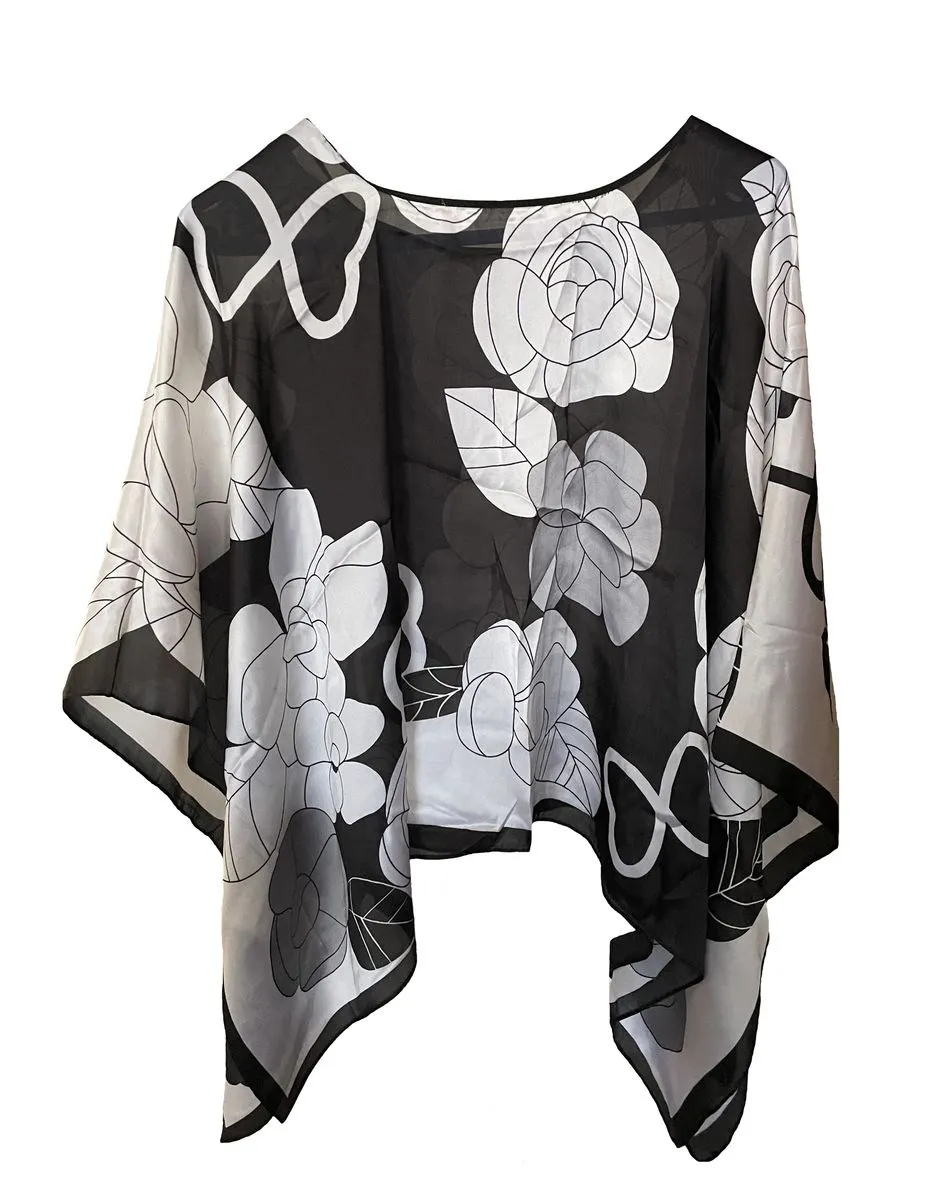 Ladies Fashion Kaftan/Cover Up Silk Floral - Black/White