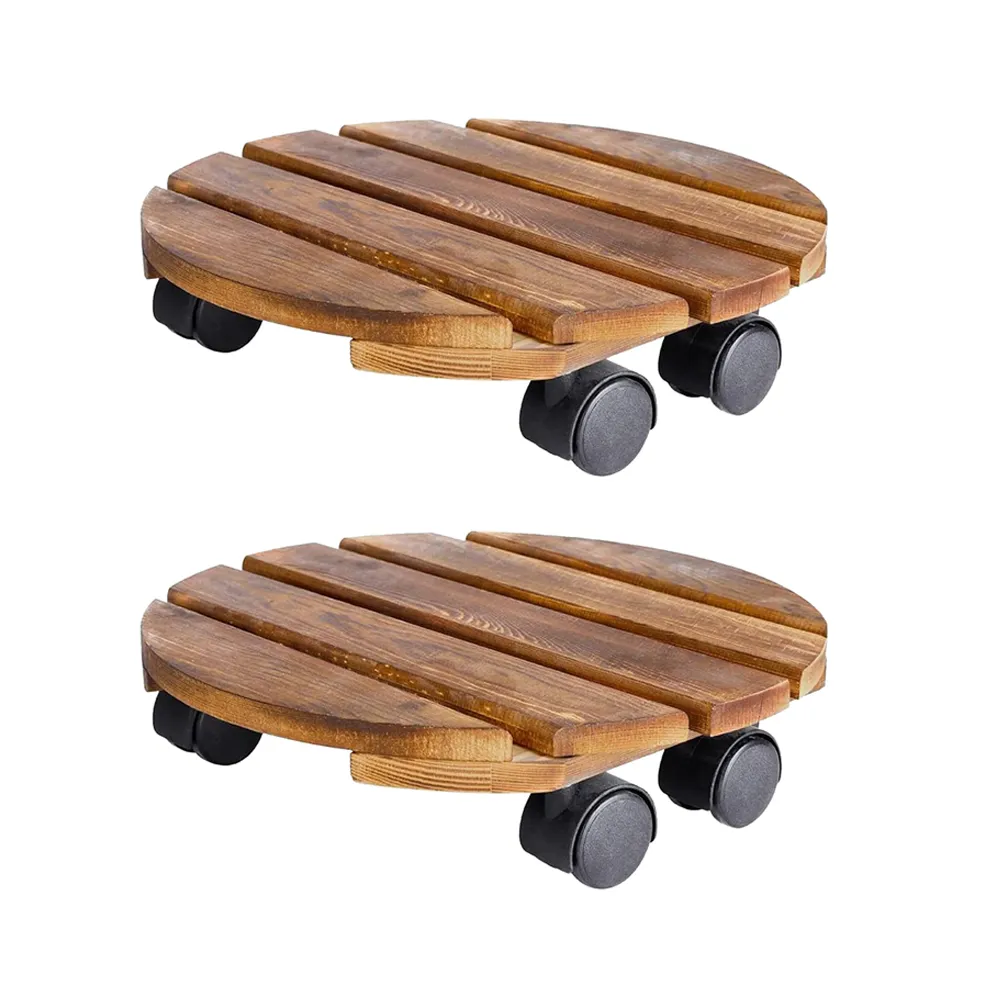 2-Pack Circle Wooden Rolling Plant Stand (30cm) with Lockable Casters