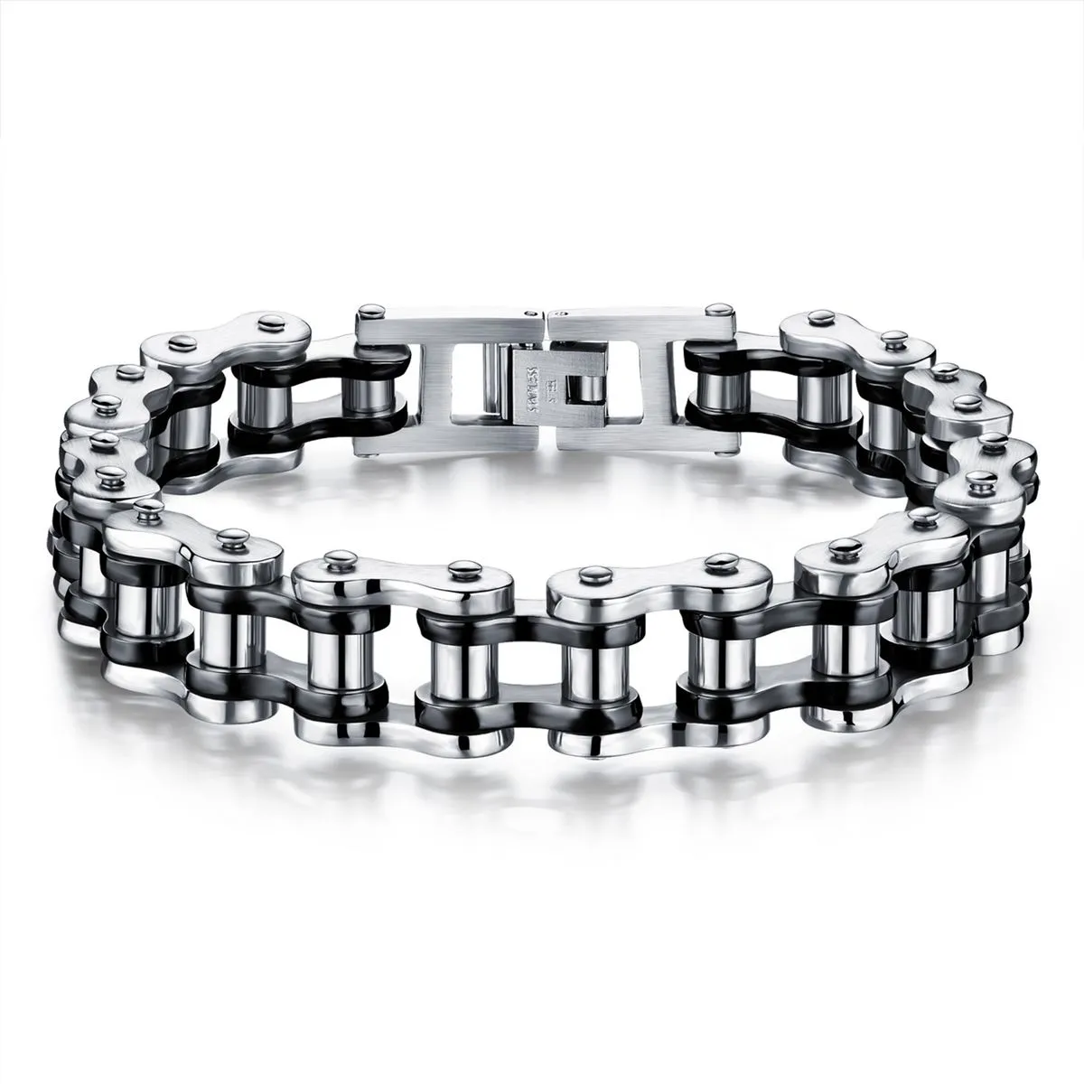 Bike Chain Link Bracelet Stainless Steel Chain Bracelet Christmas Gift - Black, Silver