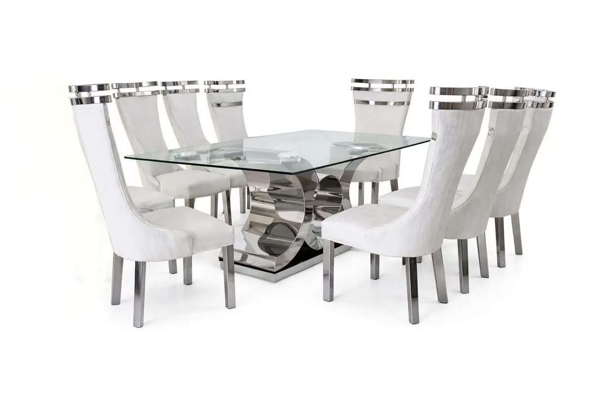 Lunaye Interiors 8-Seater Luxury Tempered Glass Dining Table Set Chrome