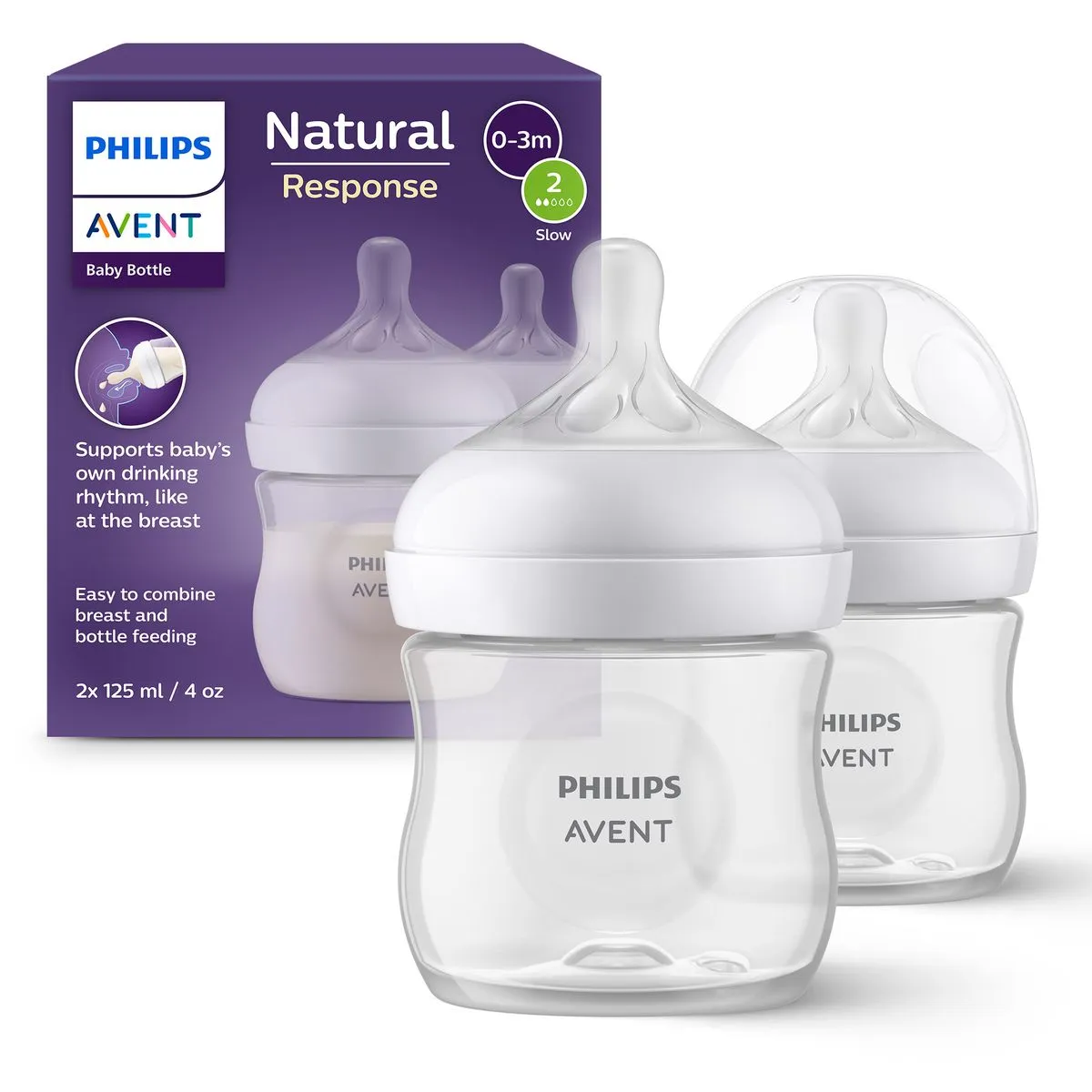 Philips Avent Natural Response, 2 Baby Bottles 4oz/125 ml with Slow Flow