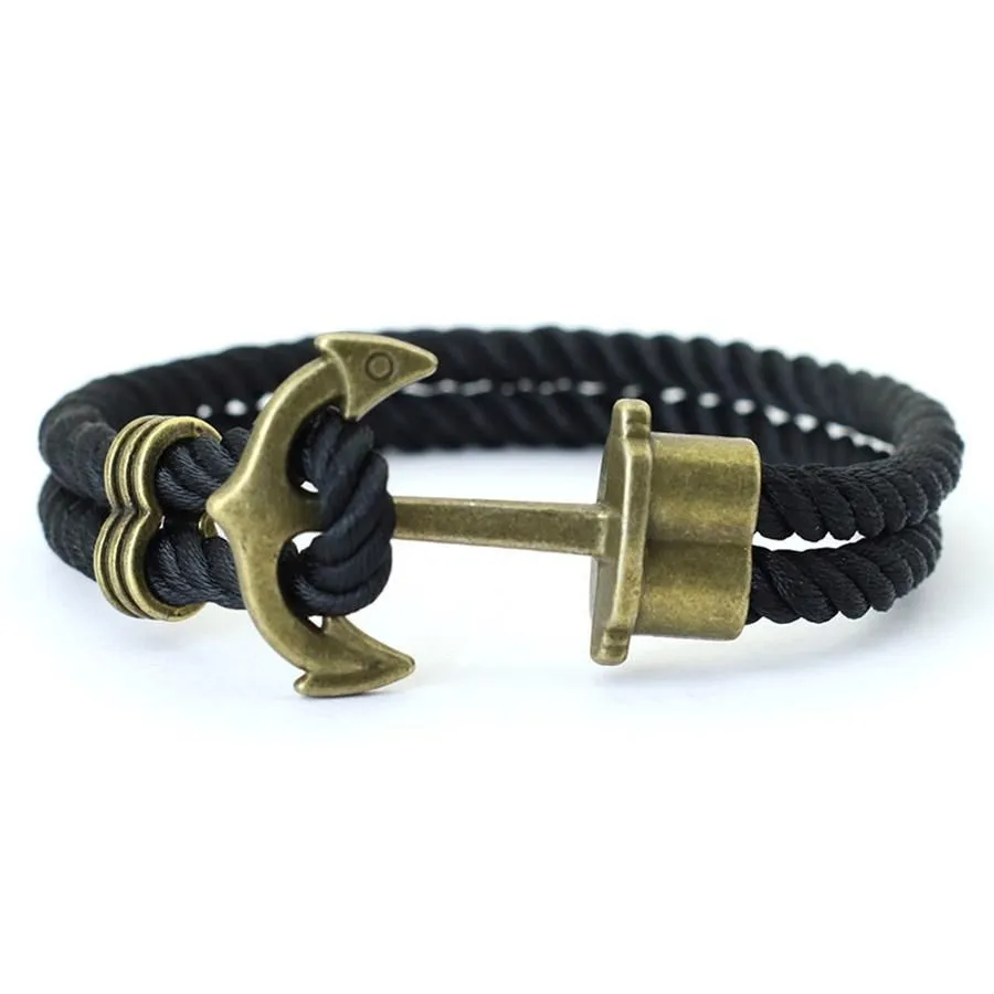 Men's Anchor Bracelet - Nylon Nautical Rope Bracelet, Marine Brass Bracelet - Black