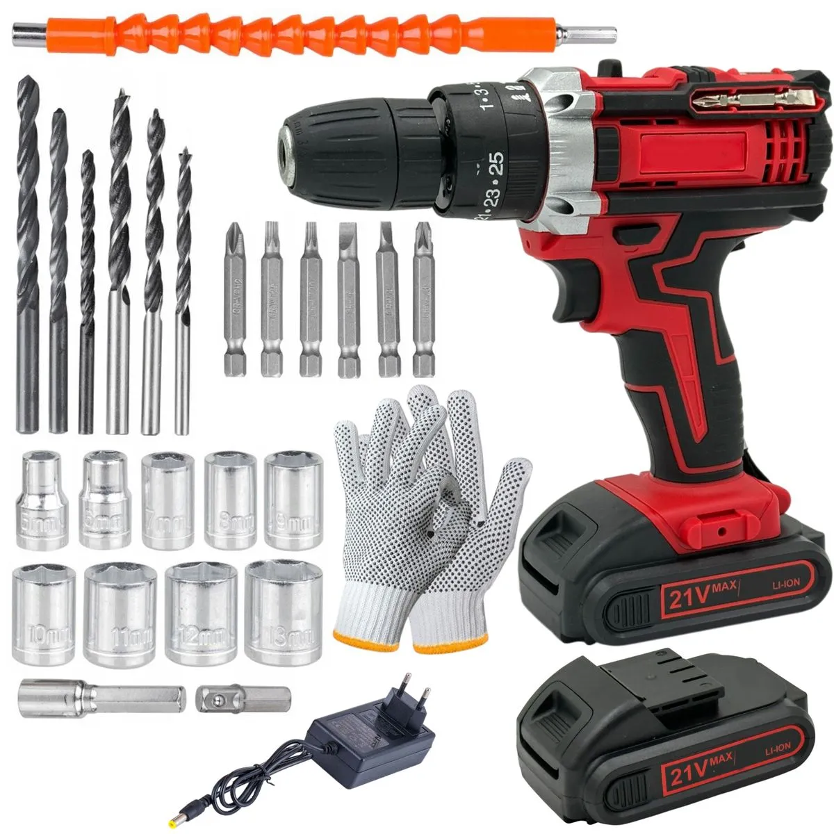 26 Pieces Wireless Red Drill Set With 2 Lithium Battery Packs, Case & Gloves