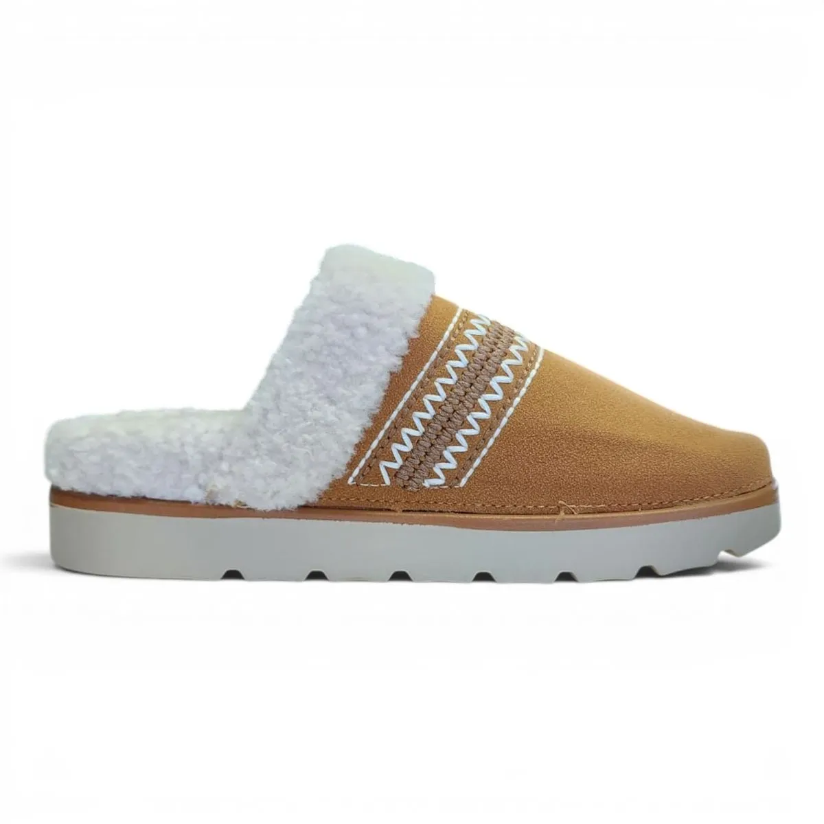 Women's Faux Suede And Sherpa-Lined Slip-On Mule Slippers - Tan