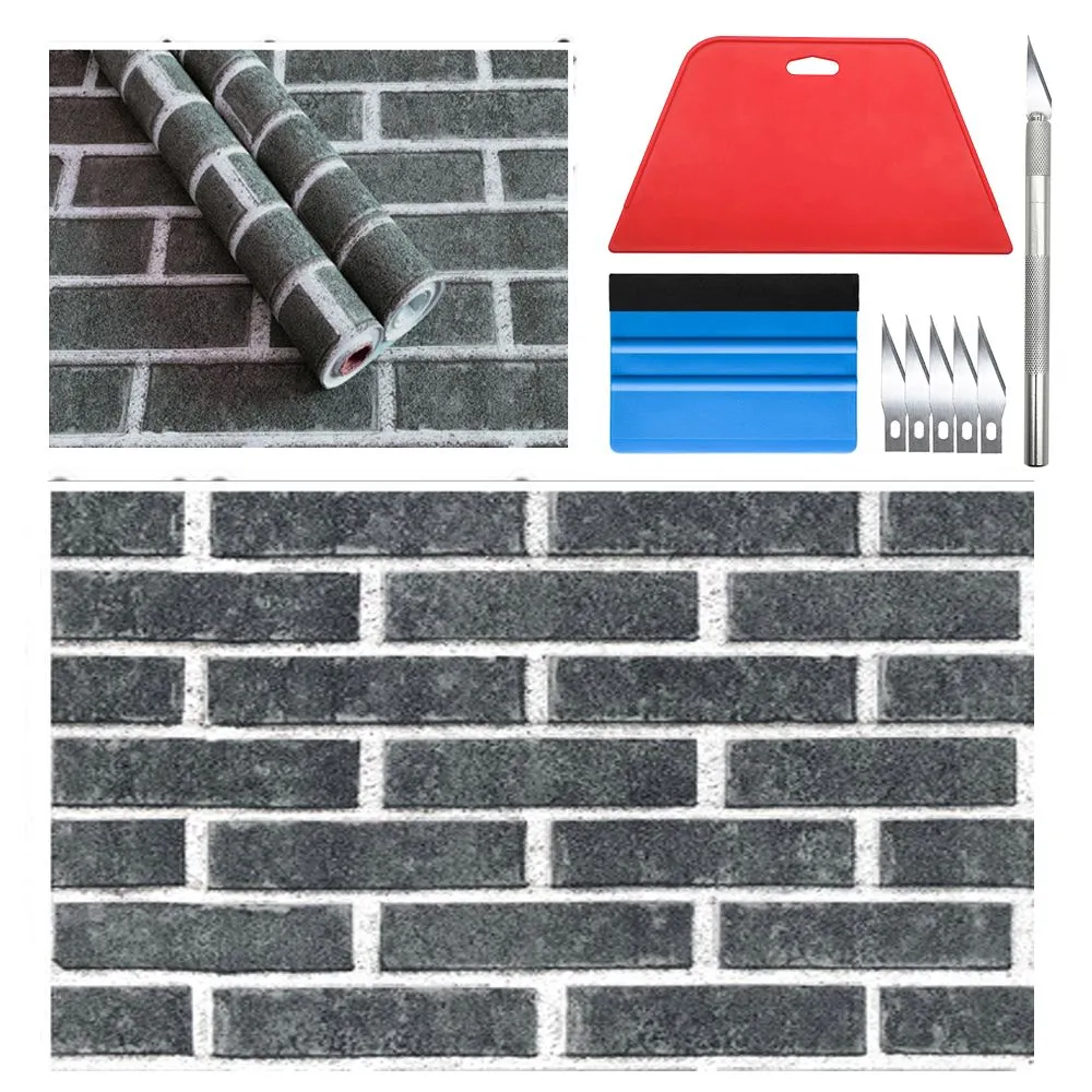 10M Retro Brick Pattern Self-Adhesive Brick Wallpaper-Black/White/Gray - Black