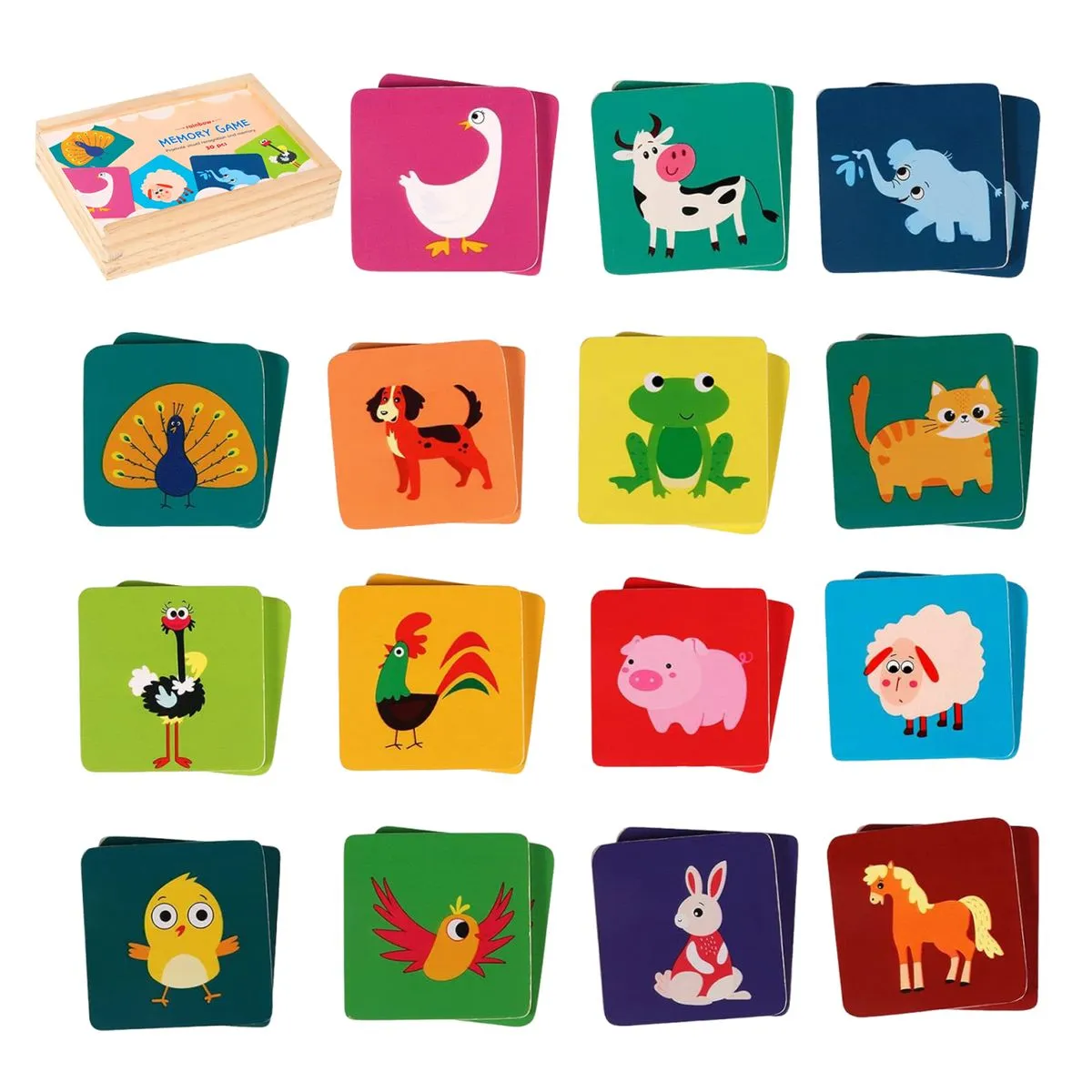 30pcs Memory Matching Game Cards Wooden Animal with Storage Box for Kids