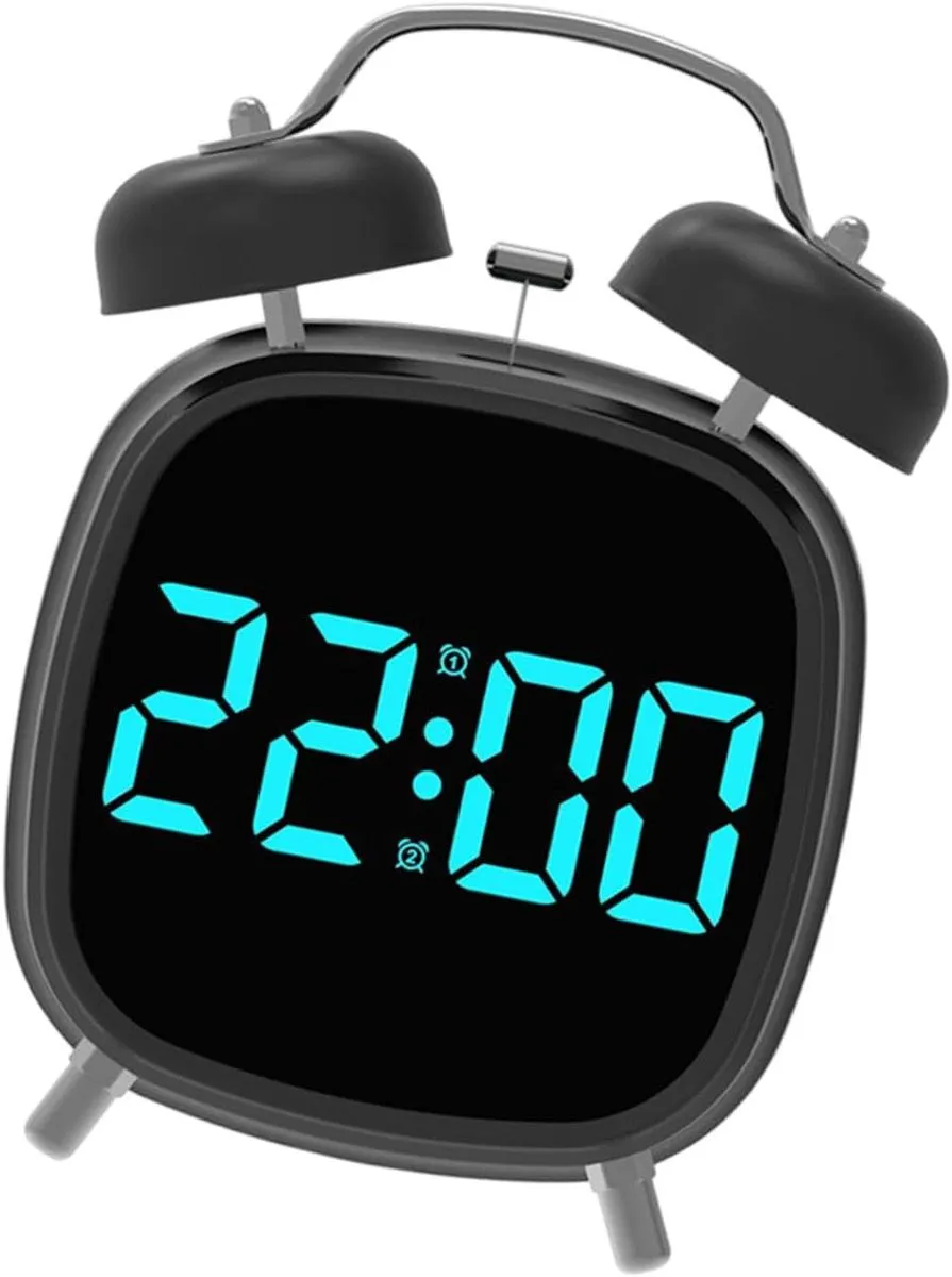 LED Retro Classic Bell Alarm Clock with Digital Display and Snooze -  black with blue digits 