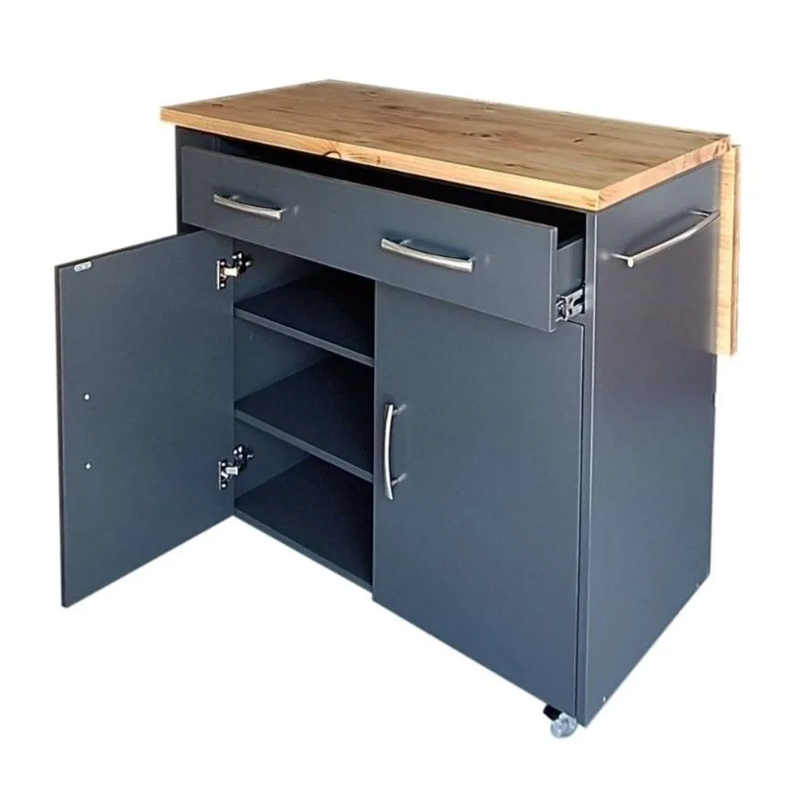Large Kitchen Island on Wheels with Fold-Out Table & Shelves - Midnight - Pine  - Natural