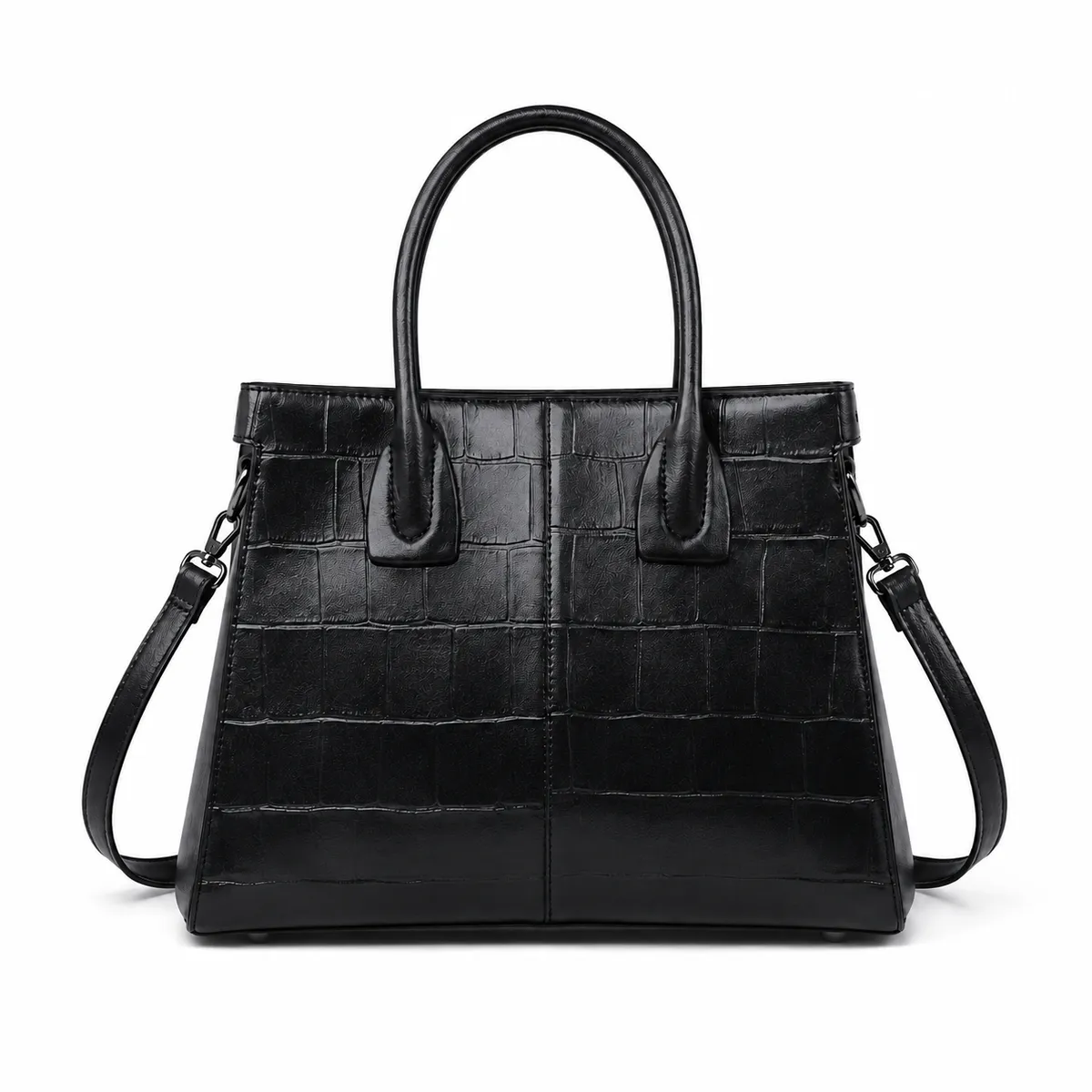 Women's Croc Pattern Tote Handbag with Adjustable Shoulder Strap - Black