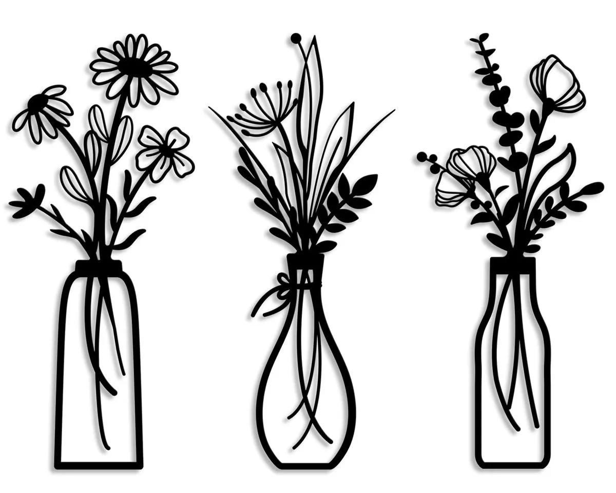 3 Pieces Metal Flowers Wall Arts-Decor Minimalist Flower Wall Decors - Black
