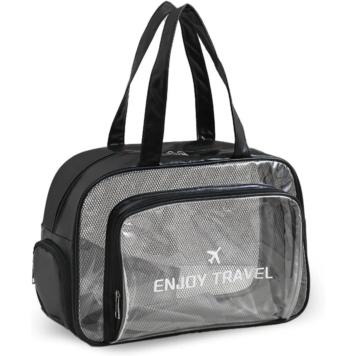 PVC Travel Tote with Shoe Compartment, Large Clear Storage Bag - Black