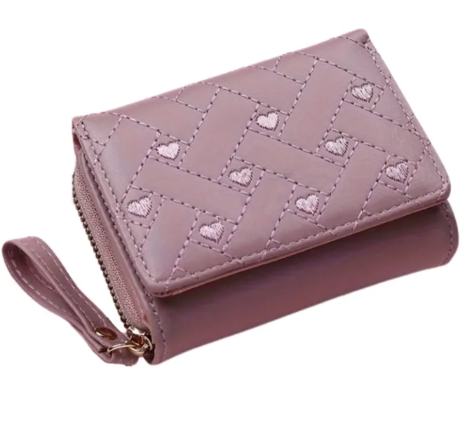 Women's Embroidered Heart Wallet - Light Purple| Compact Tri-Fold Wallet
