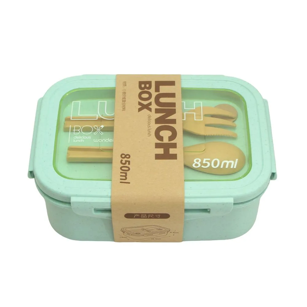 850ml Leakproof Bento Lunch Box with Utensils, Wheat Straw Food Container - Green