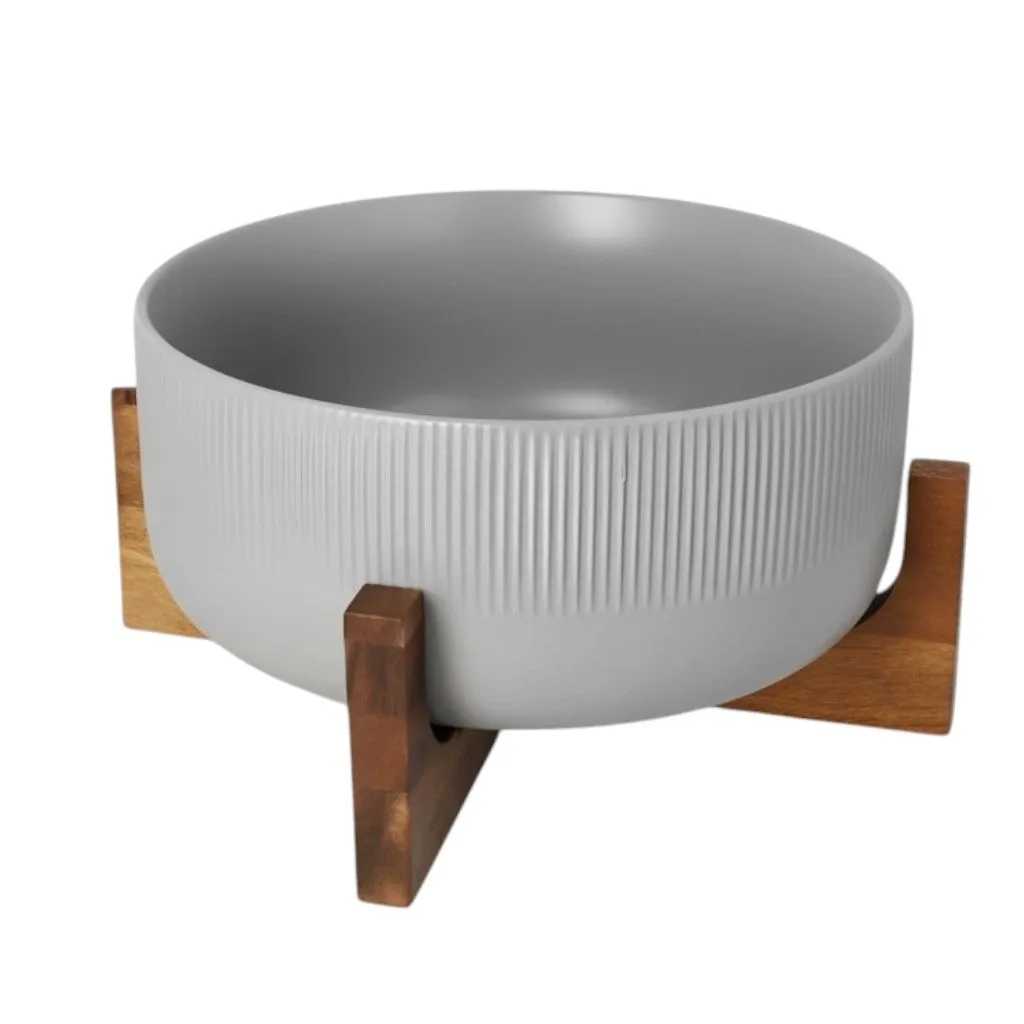Elevated Salad Serving Bowl with Wooden Stand- Elegant Centrepiece (22.3cm) - Grey, Brown