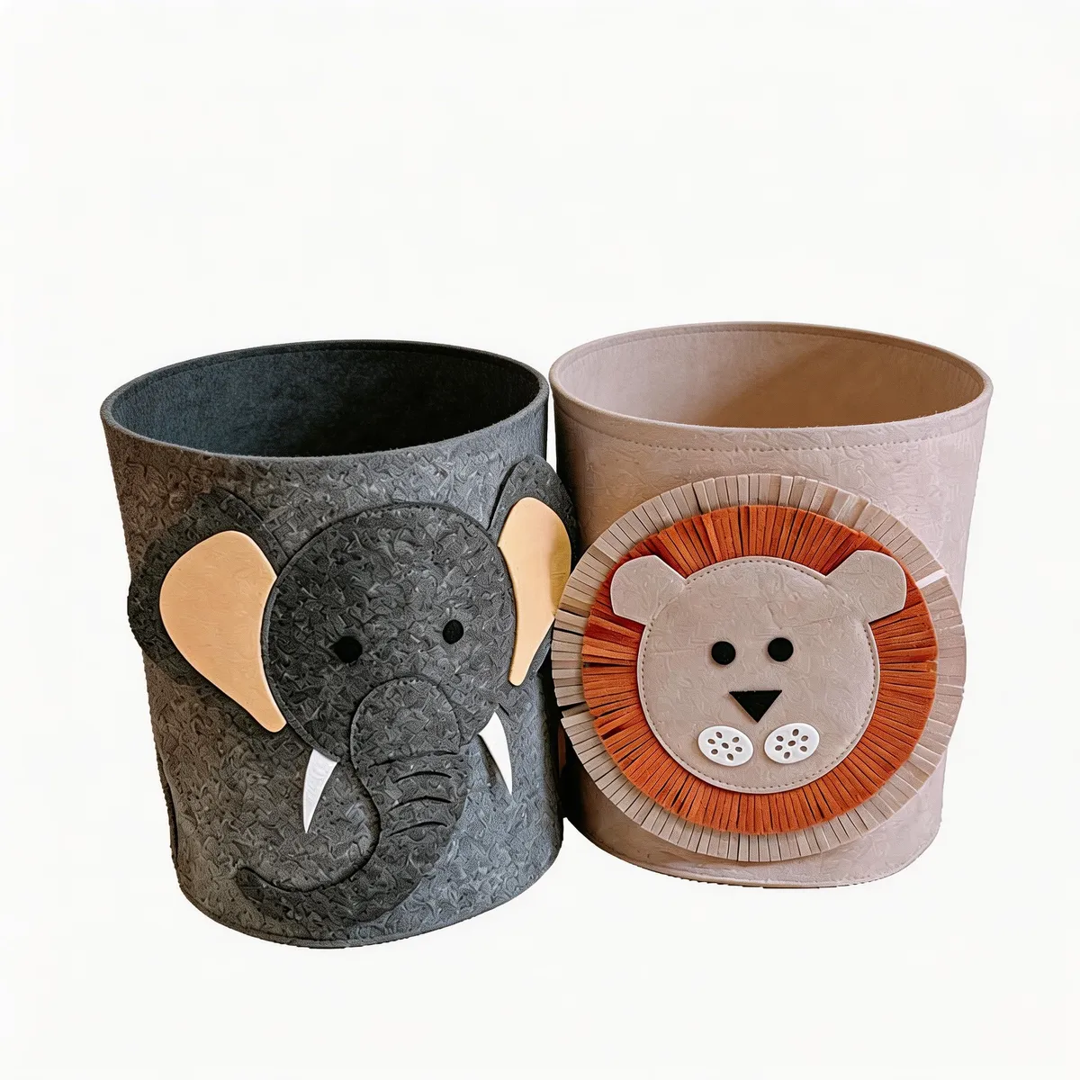 Cute Animal Felt Storage Bucket Elephant & Lion Design for Kids Room