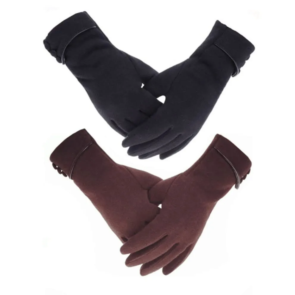 2Pcs Women Windproof Fleece Gloves Touch Screen Warm Winter - black+brown