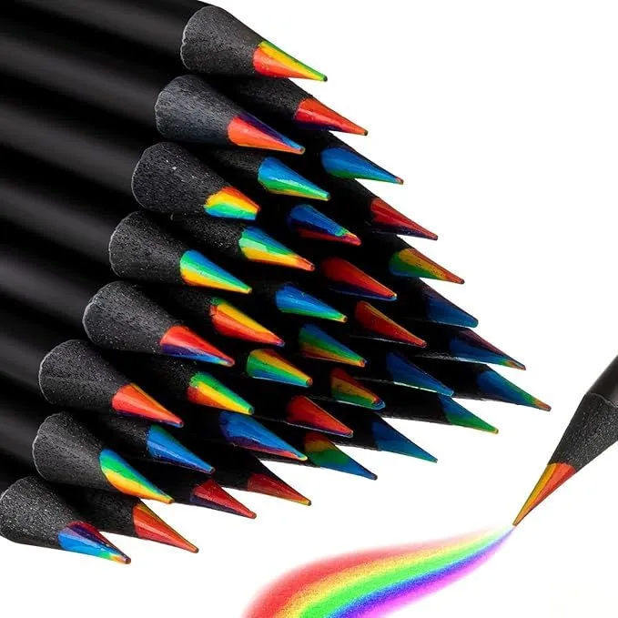 10-Pack 7-in-1 Rainbow Colored Pencils, Black Wood Set for Kids Students