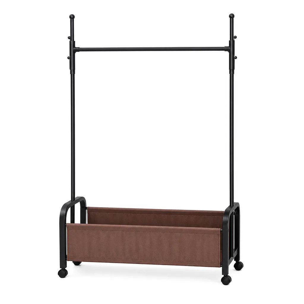 Modern Rolling Metal Clothing Rack with Fabric Storage Basket