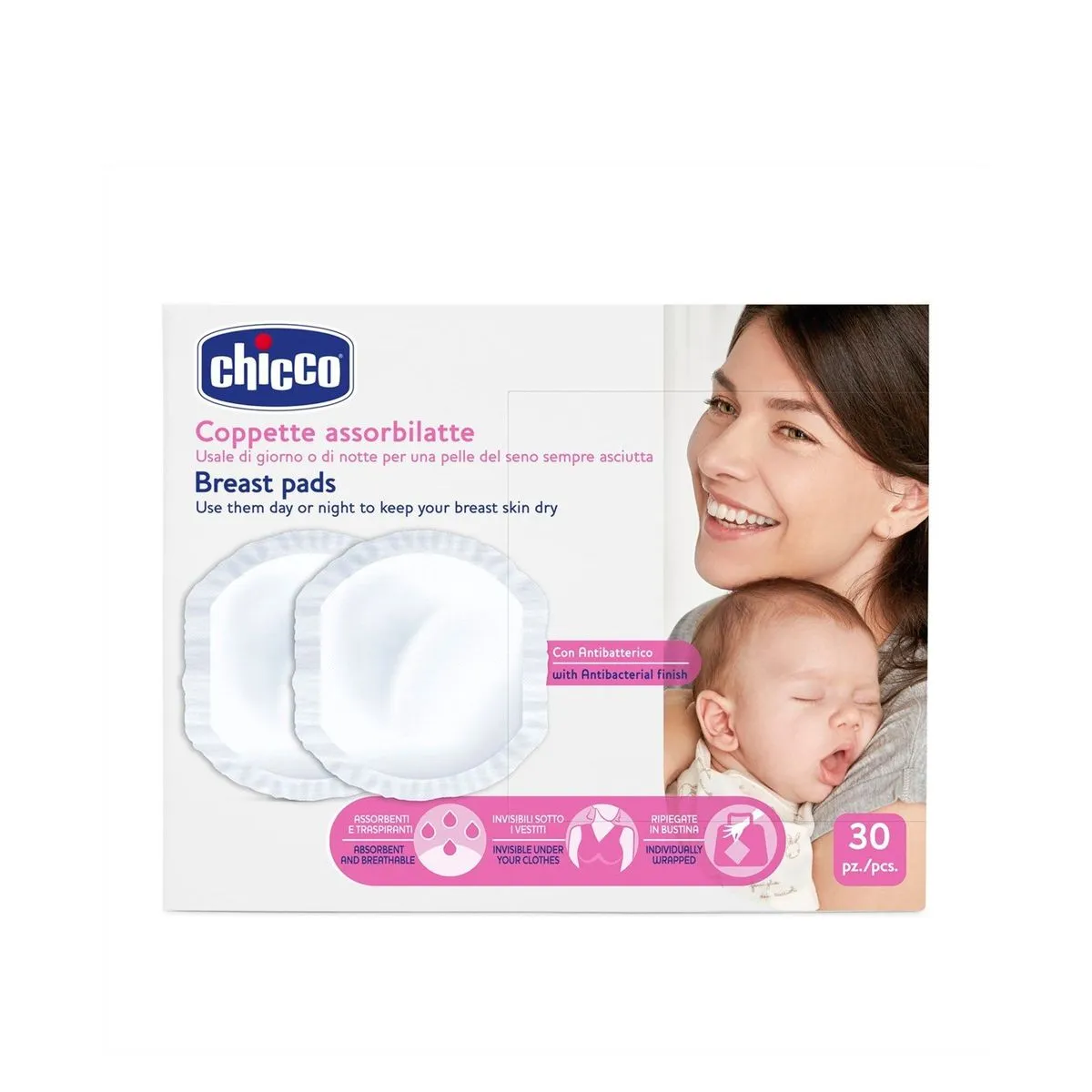 Natural Feeling 30 Piece Antibacterial Breast Pads - White