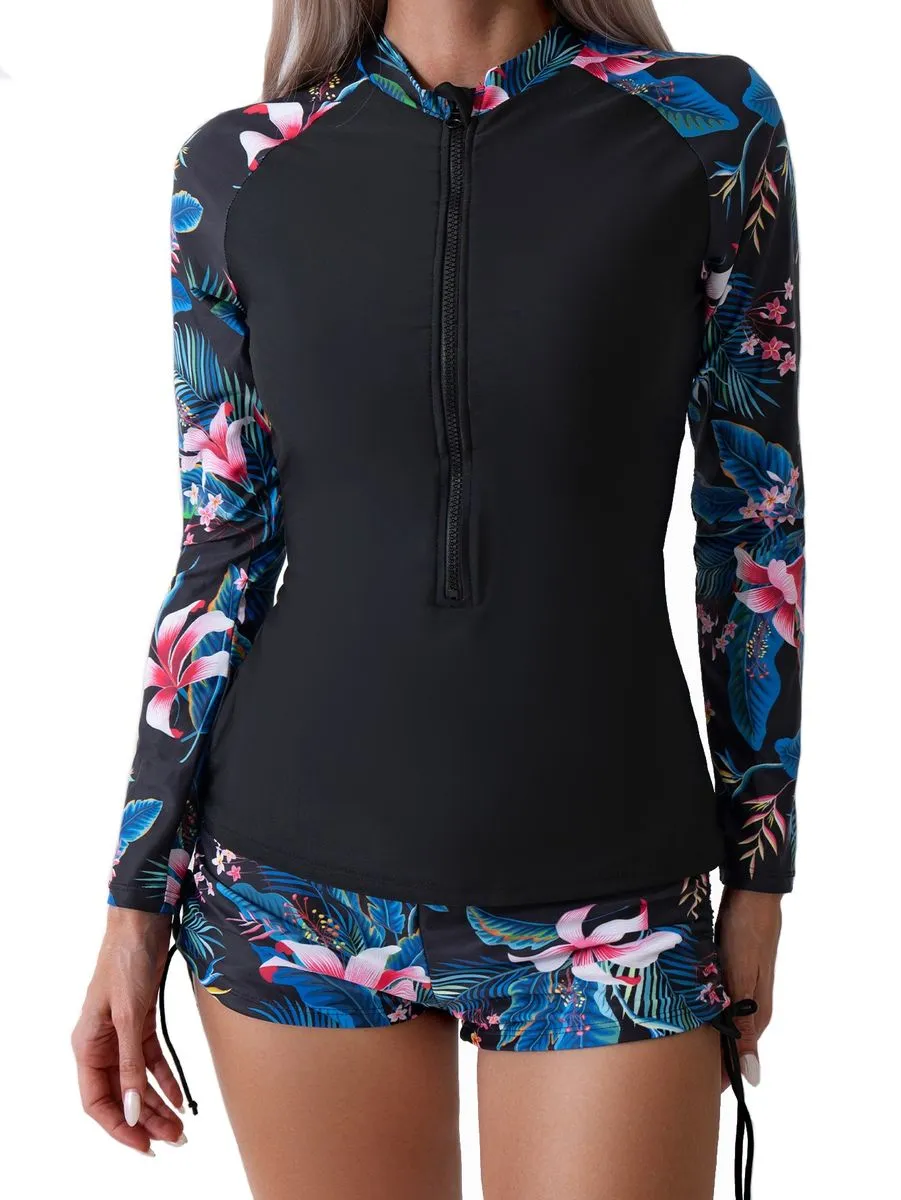 Women Two Piece Rash Guard Long Sleeve Swimsuit Swim Shirt Boyshort Bottom