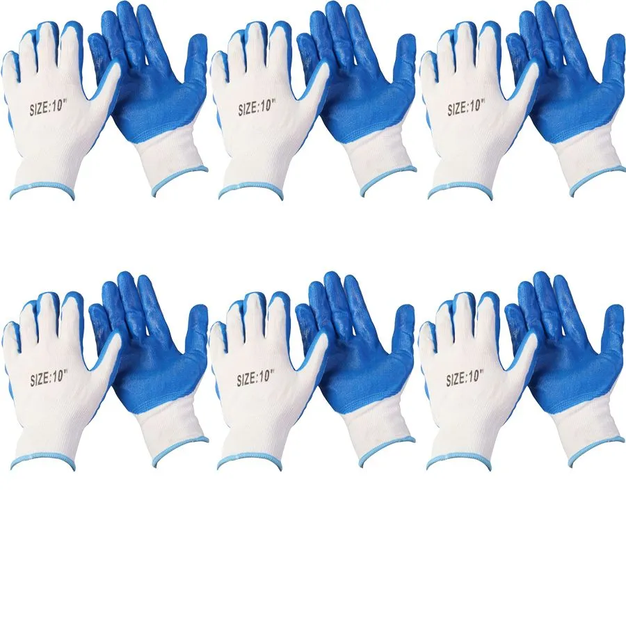 Pack of 6 Durable Quality Anti Slip Latex Worker Gloves - Blue