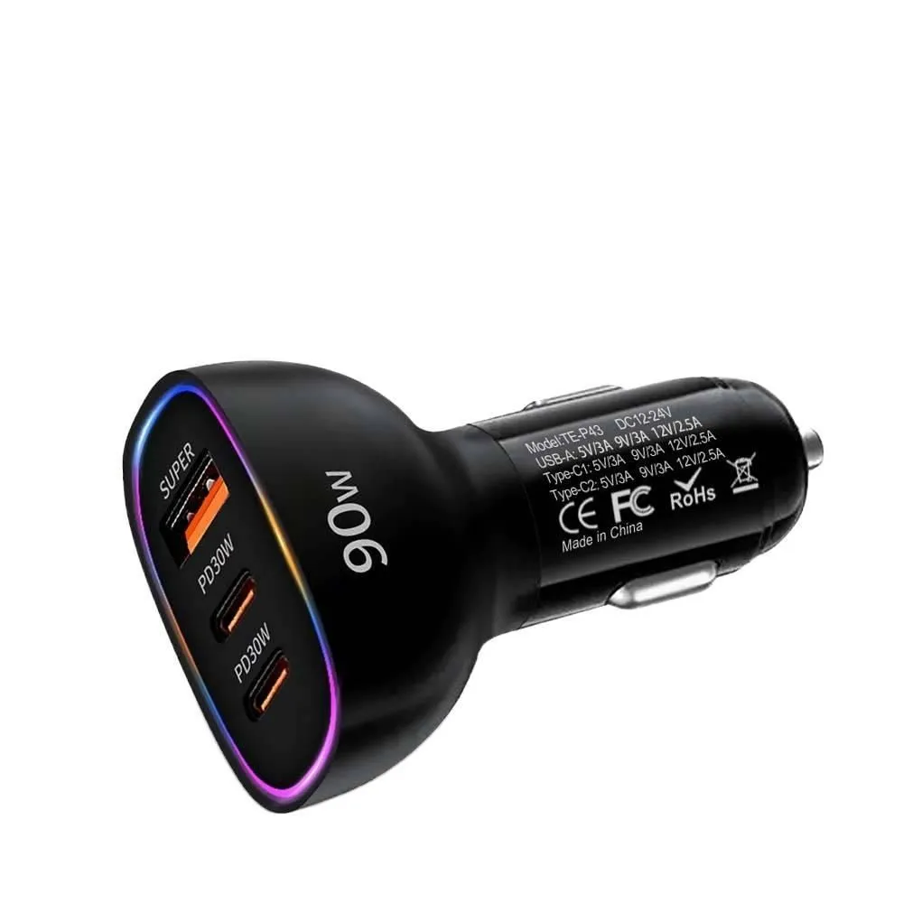 90W 3-Port Car Charger 2PD+USB QC3.0 Fast