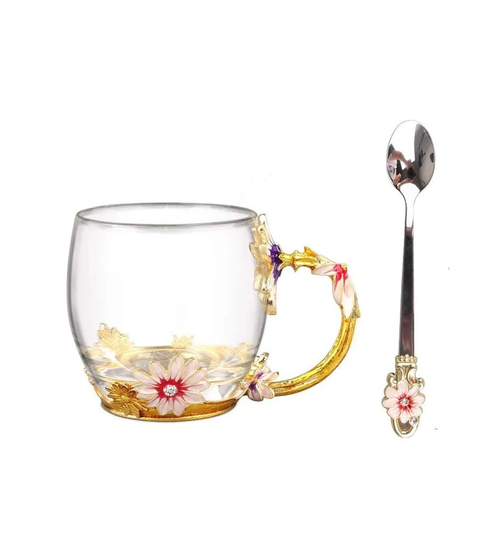 Enamel Flower Tea Cups Glassess Tea Mug for Women
