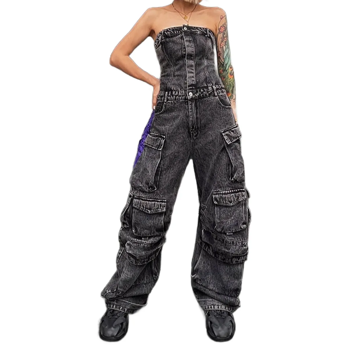New Street Style Tube Top Multi-Pocket Denim Overalls Jumpsuit-Dark Grey