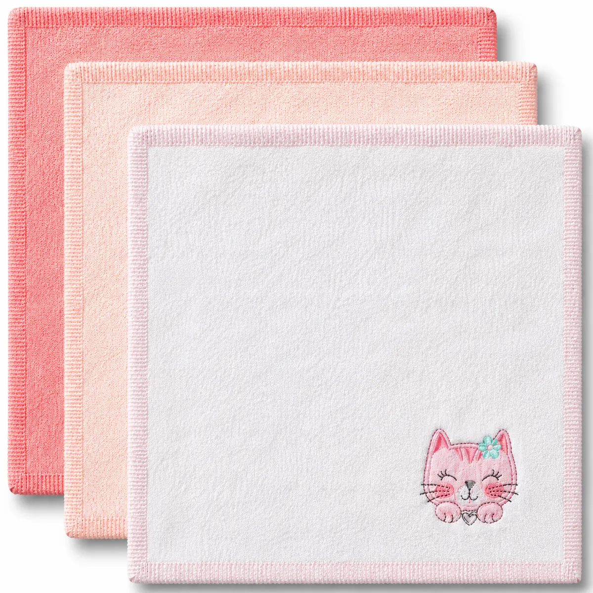 SQUIGGLE Baby 100% Cotton Embroidered Face Cloths (3 PACK) - Soft & Gentle - Curious Cats