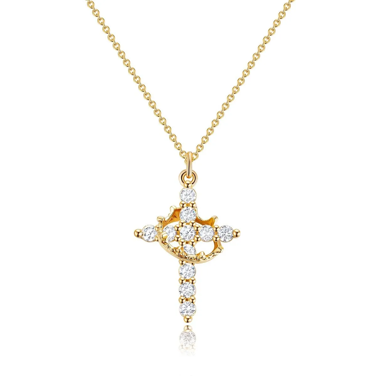 Upgraded Crown Cross Necklace Cubic Zirconia Pendant Necklaces - Gold