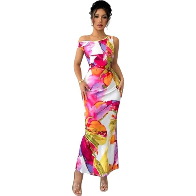 Women's Fashionable & Elegant Floral-Print Tight Sleeveless Long Dress