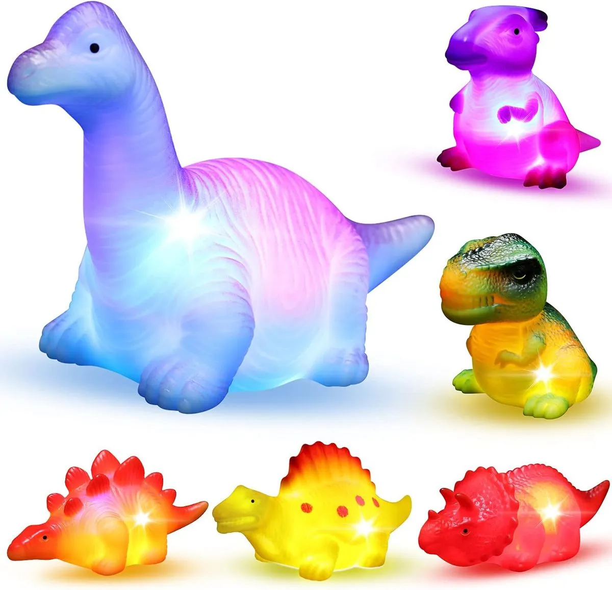 6 Packs Light-Up Floating Dinosaur Bath Toys Set, Toddler Shower Pool Toy