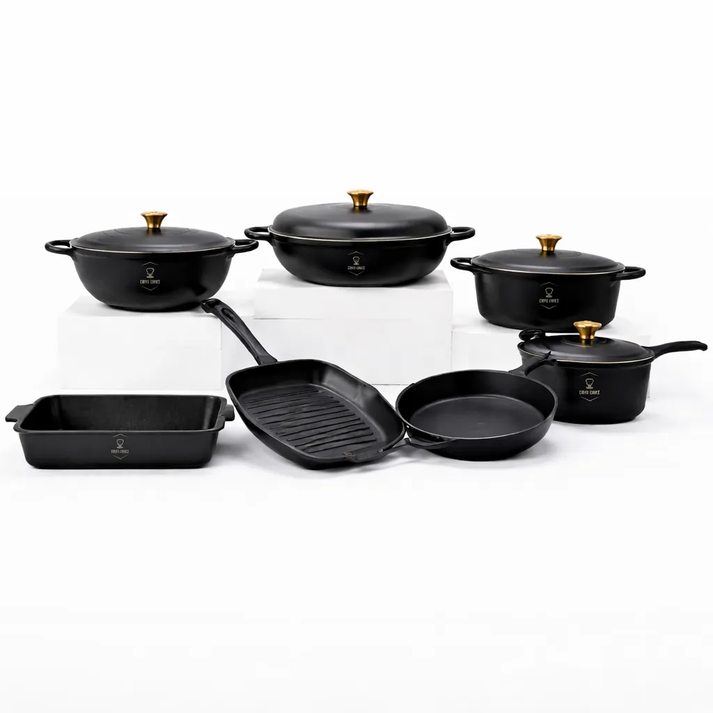Chefs Choice 11-Piece Enamel Cast Iron Casserole Cookware Set, High Quality - Black