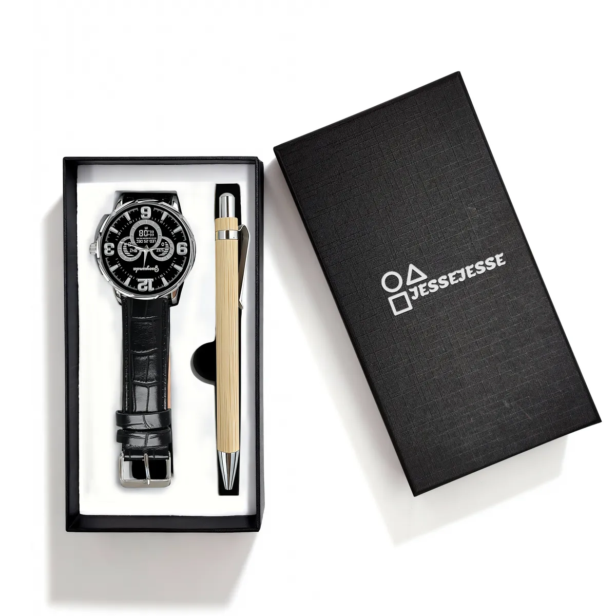 Men's Watch and Pen Gift Set Classic Analog Wristwatch with Ballpoint Pen - Black +Natural Wood Col…