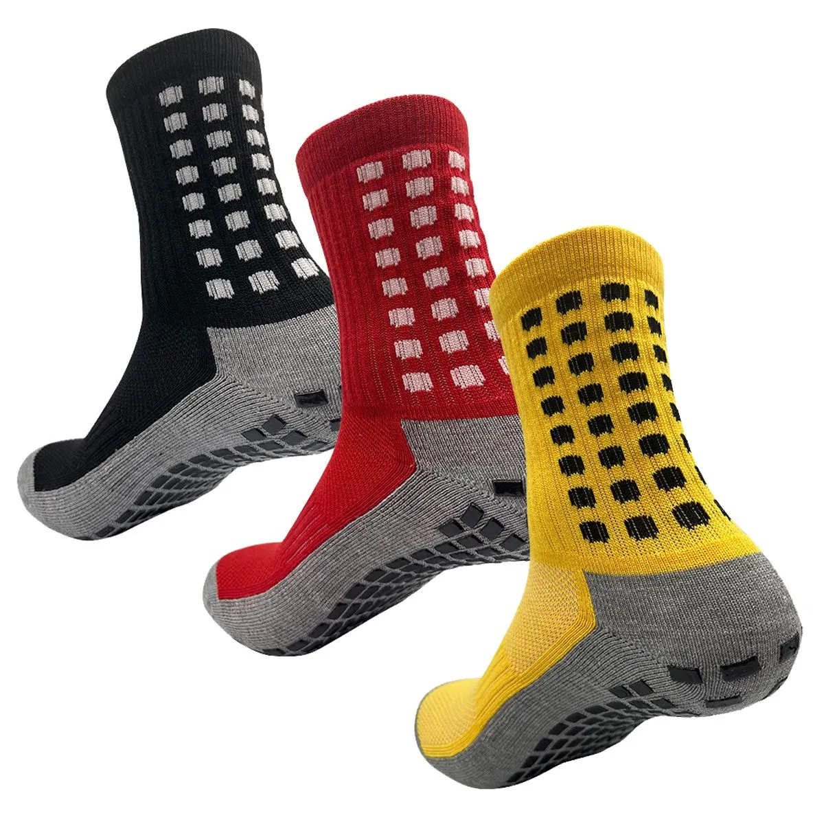 Athletic Grippers Soccer Sport Cushion Socks Anti-Slip Non-Slip Grip 3Pairs - Black+Red+Yellow