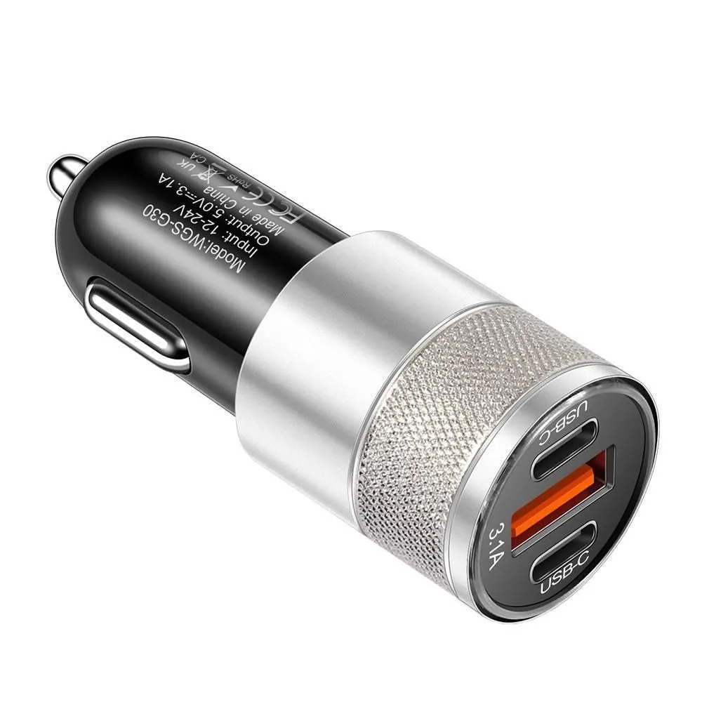 Black Silver 3.1A 15W USB+2PD Aluminum Car Charger