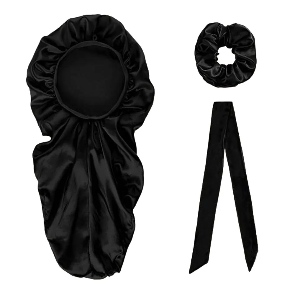 Women Satin Bonnet Hair Caps Headwear Hats For Curly Springy Hair - Black