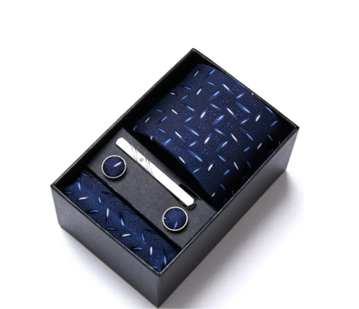 IPSTYLE Men's Necktie Gift Box Striped Tie Handchief Cufflink Tie Clip Set - Blue