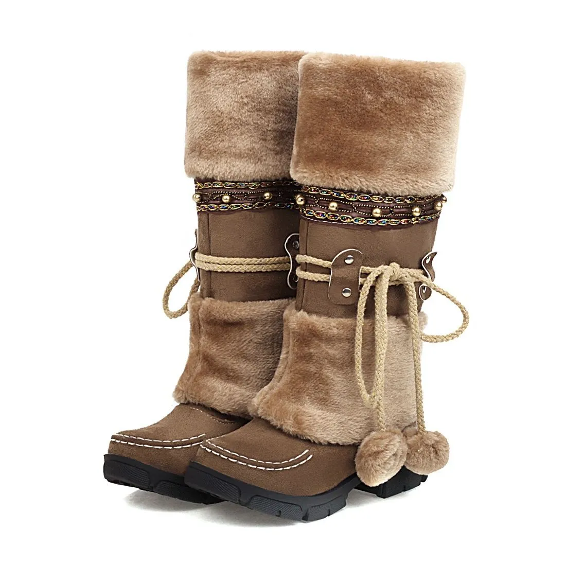 Women's Boho Mid-Calf Winter Boots - Faux Suede & Fur Mukluks with Beaded