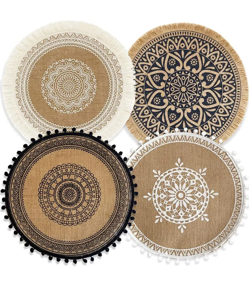Round Jute Pom-Pom Tassel Woven Placemat - Retro Heat Insulation Mat