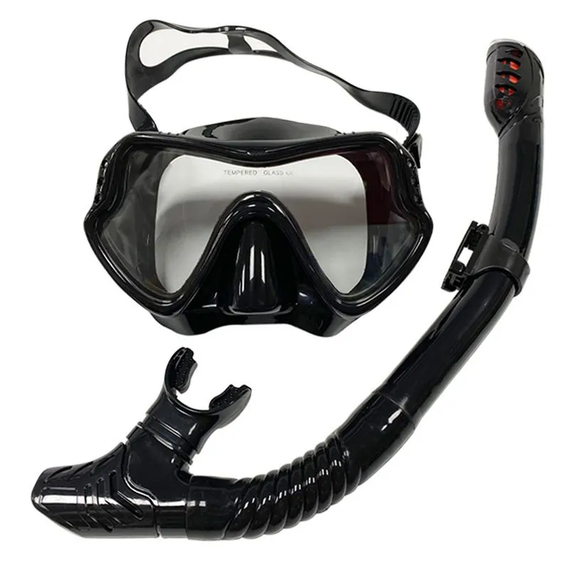 Black Snorkel Mask Set with Dry Snorkel, Tempered Glass Lens, Anti-Fog