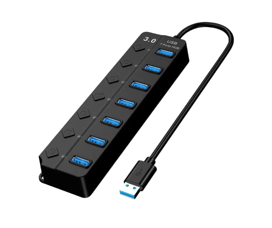 USB 3.0 Hub With 7 Ports, Independent Switch, 1.2-Meter Cable